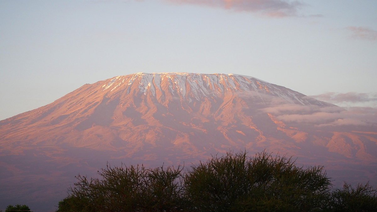 Mount Kilimanjaro at dawn with alpenglow on its snow cap