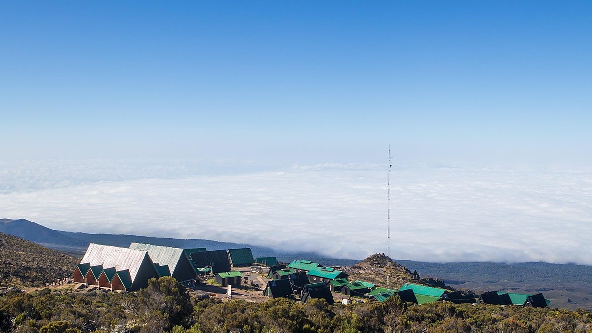 Mountain huts above the cloud line on Kilimanjaro