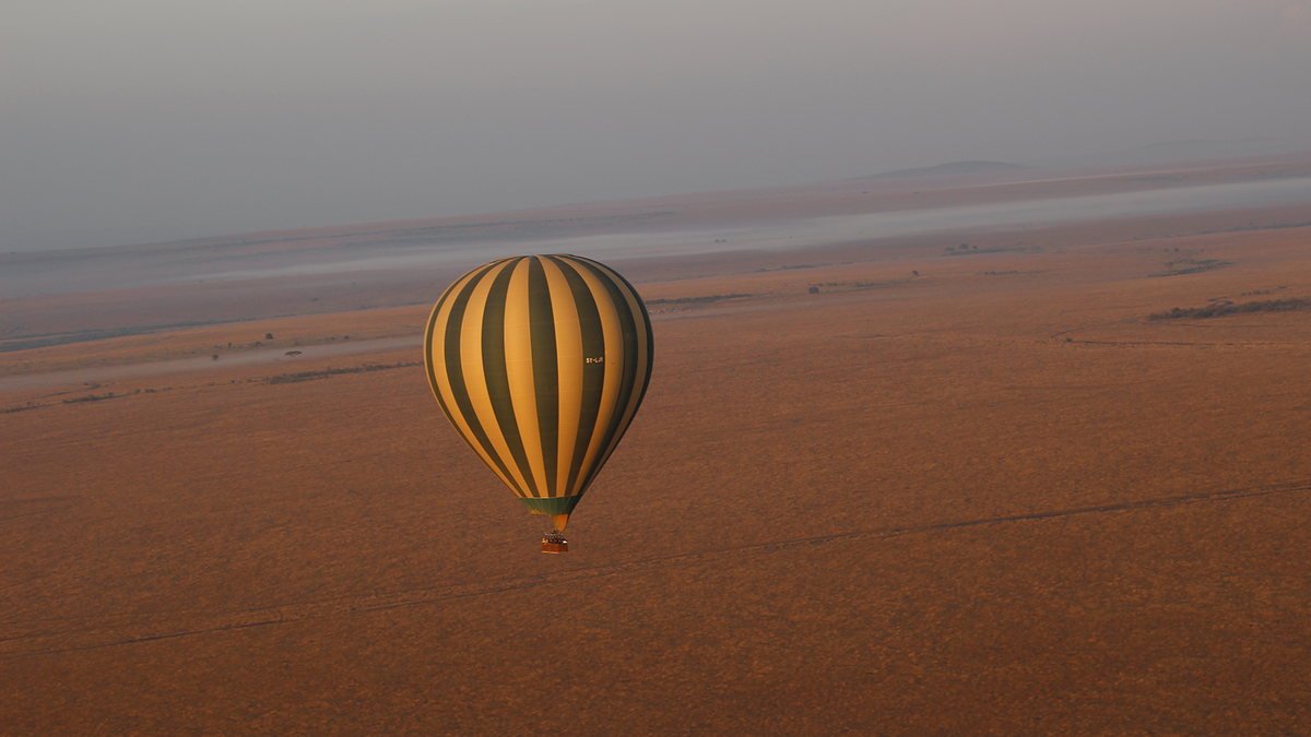 Aerial view of the Serengeti plains from a hot air balloon