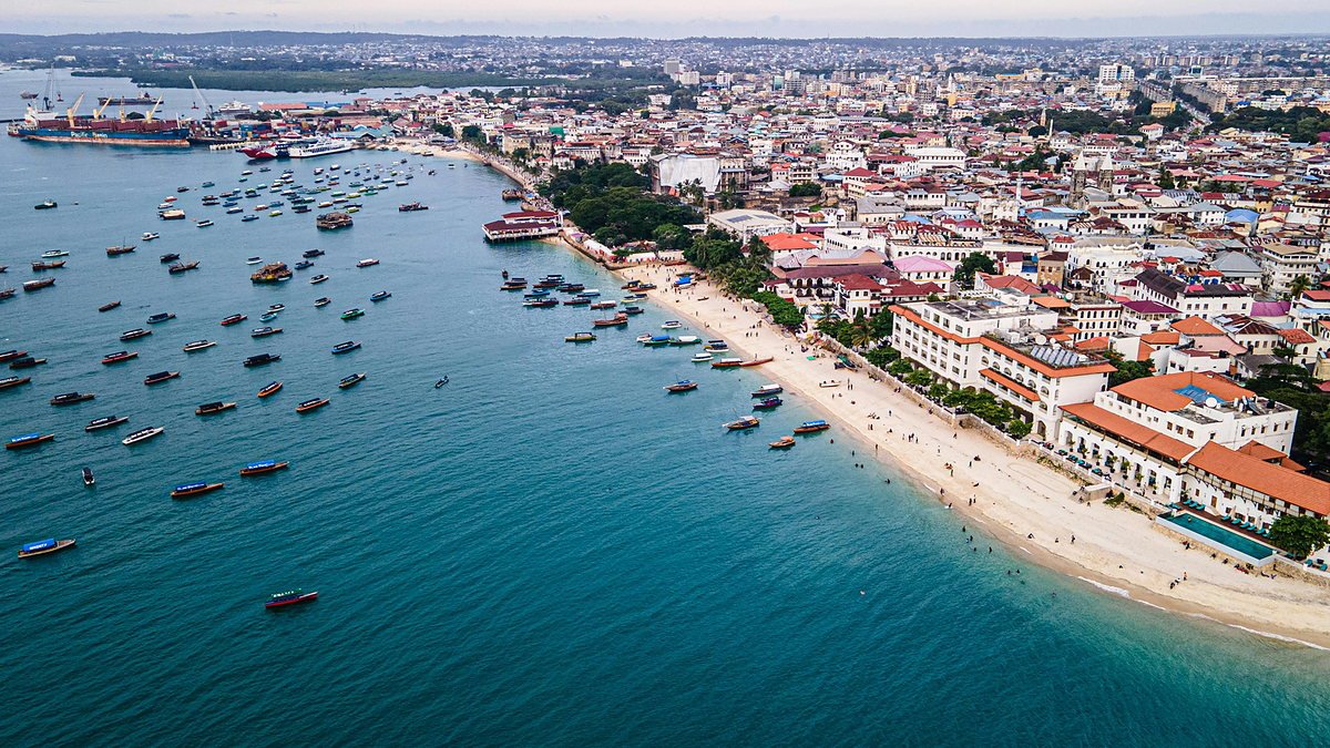 Aerial view of the Stone Town waterfront and its harbour full of boats